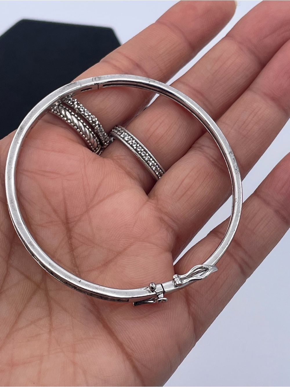 QVC Epiphany Diamonique Sterling Silver CZ Hinged Bangle Bracelet Platinum Clad - Picture 7 of 9